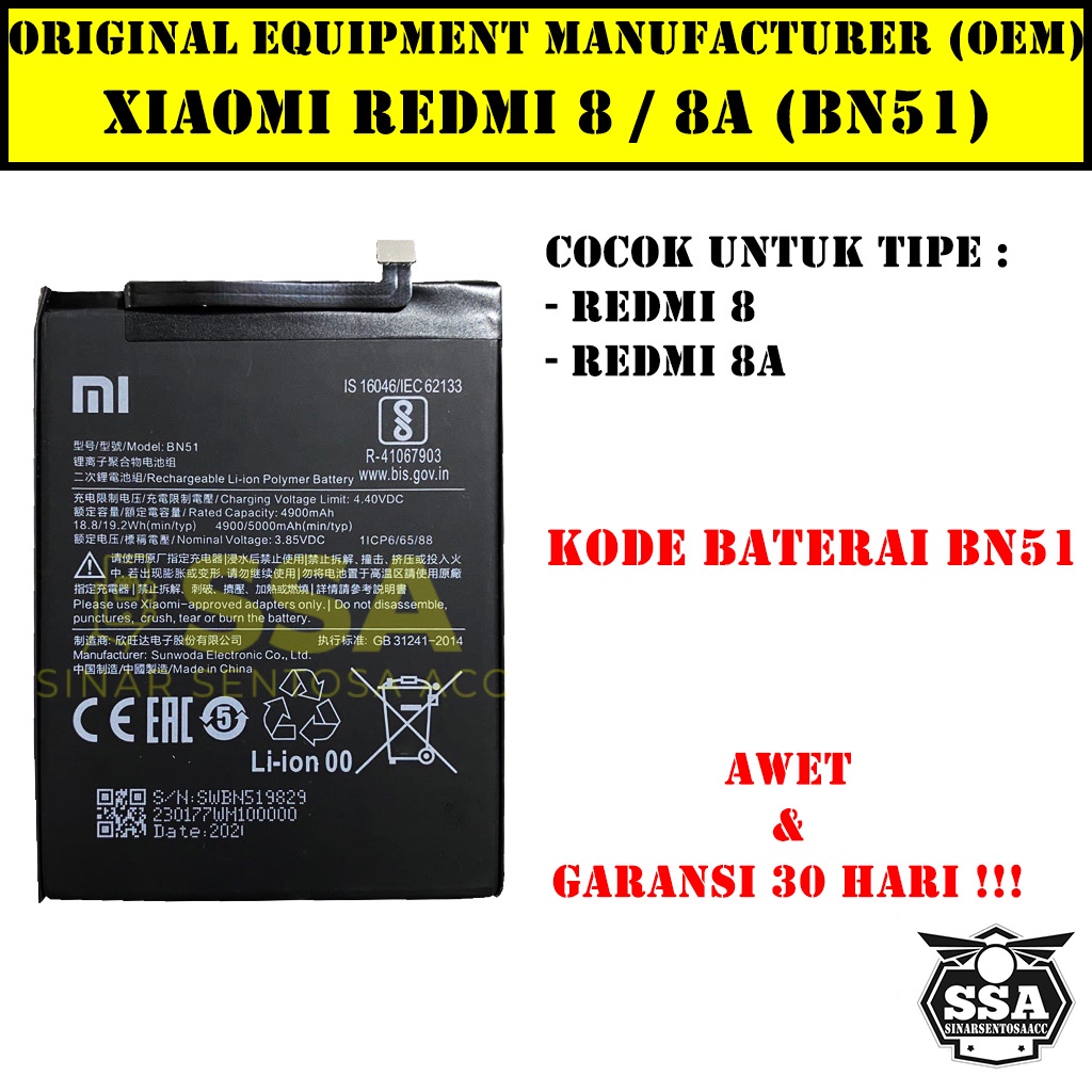 Baterai Xiaomi Redmi 8 8a BN51 Redmi8 Redmi8a Xiaomi8 Xiaomi8a Redmi BN 51 Original OEM Batu Batere Batre Battery Batrai Batrei ori hp Xiao Mi Garansi