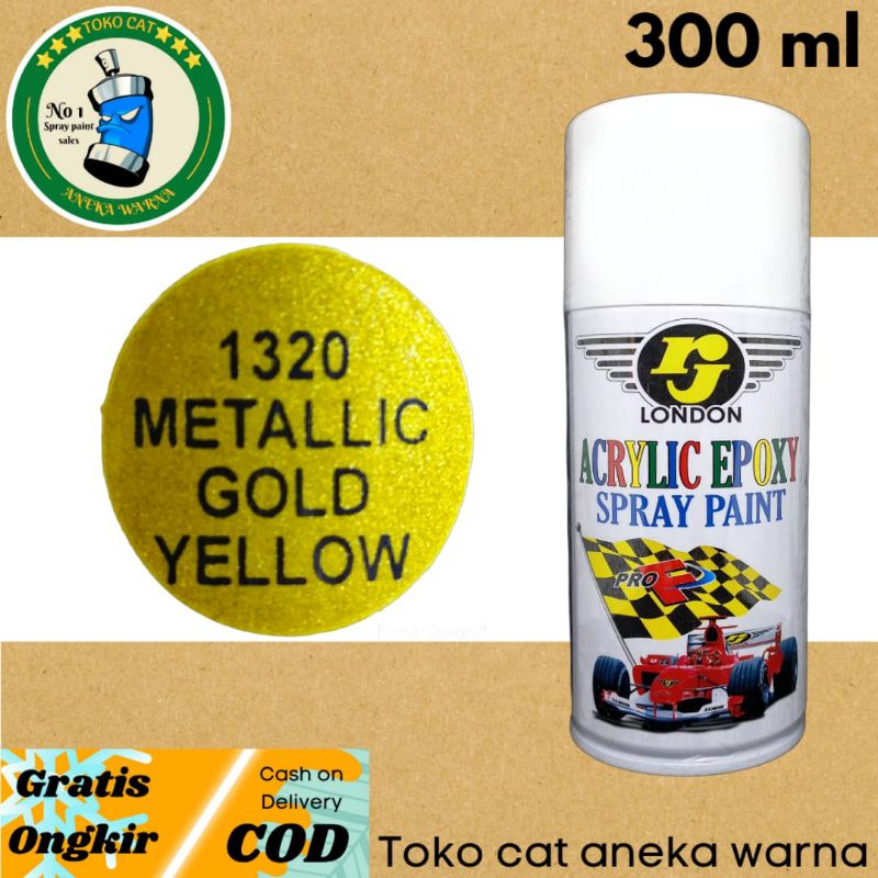 CAT SEMPROT RJ LONDON 300cc METALLIC GOLD YELLOW KUNING kining emas metalik spray paint pilox pilok