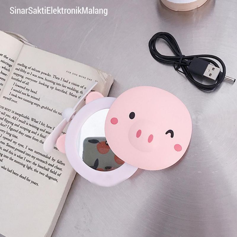 Cermin Lampu LED Mini Fan USB Lipat / Kaca Makeup Kipas Angin Karakter