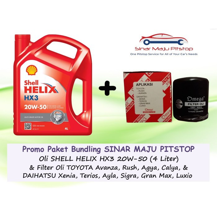Paket Bundling Oli SHELL HELIX HX3 20W-50 ORIGINAL 4 Liter & Filter Oli Mobil TOYOTA AVANZA & RUSH