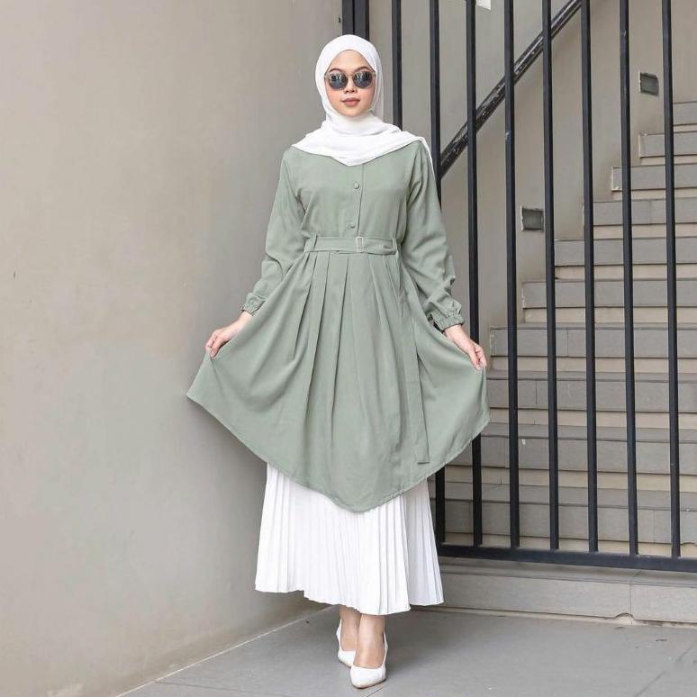Neda Tunik Full Kancing Crepe // Tunik Dzuvia Full Kancing Free Belt | Tunik Wanita Muslim Terkini