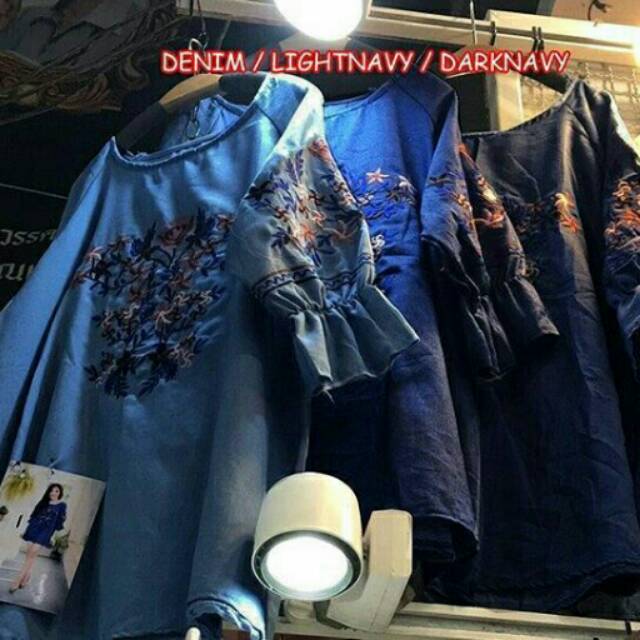 B070 IMPORT BIGSIZE BLOUSE EMBROIDERY TEROMPET DENIM BANGKOK MURAH WANITA MUSLIM JUMBO XXL 2R BLUS