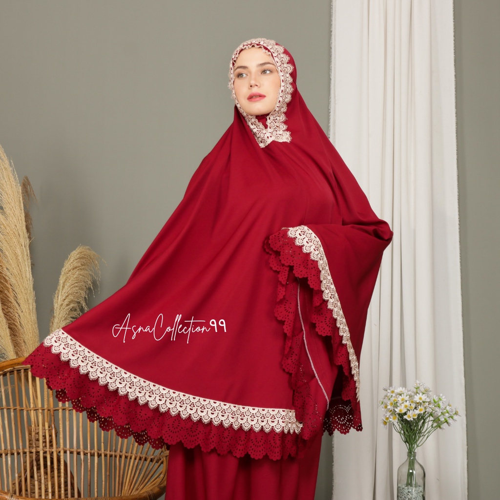 Mukena Dewasa Daily AsnaCollection٩٩ Rempel Lasercut Renda Mewah Jumbo Traveling Cantik