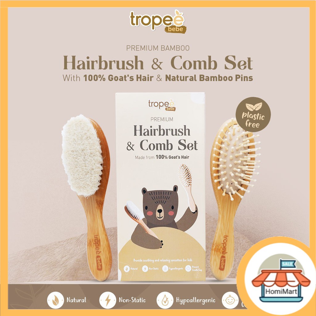 homimart I TROPEE BEBE Bamboo Hairbrush &amp; Comb Set / Sisir Bamboo With Natural Bamboo Pins &amp; 100% Goat's Hair