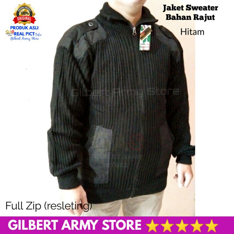 GILBERT ARMY STORE Sweater Hitam Polos Pria Rajut Tni Polri Jumbo L,XL,XXL Full Zip Resleting Kualitas Premium