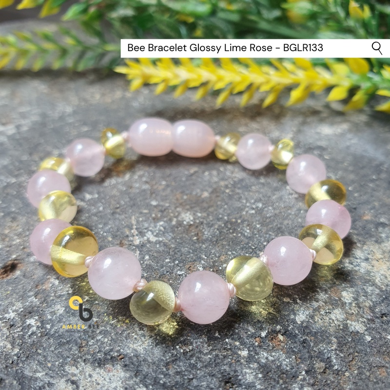 Gelang Amber Baltic Anak dan Balita Premium Glossy Lime Gemstone Rose BGLR133 By Amber Bee