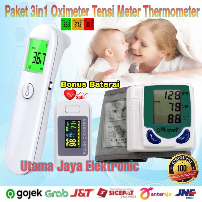 Paket 3in1 Oximeter Fingertip Tensi Meter Thermometer Infrared