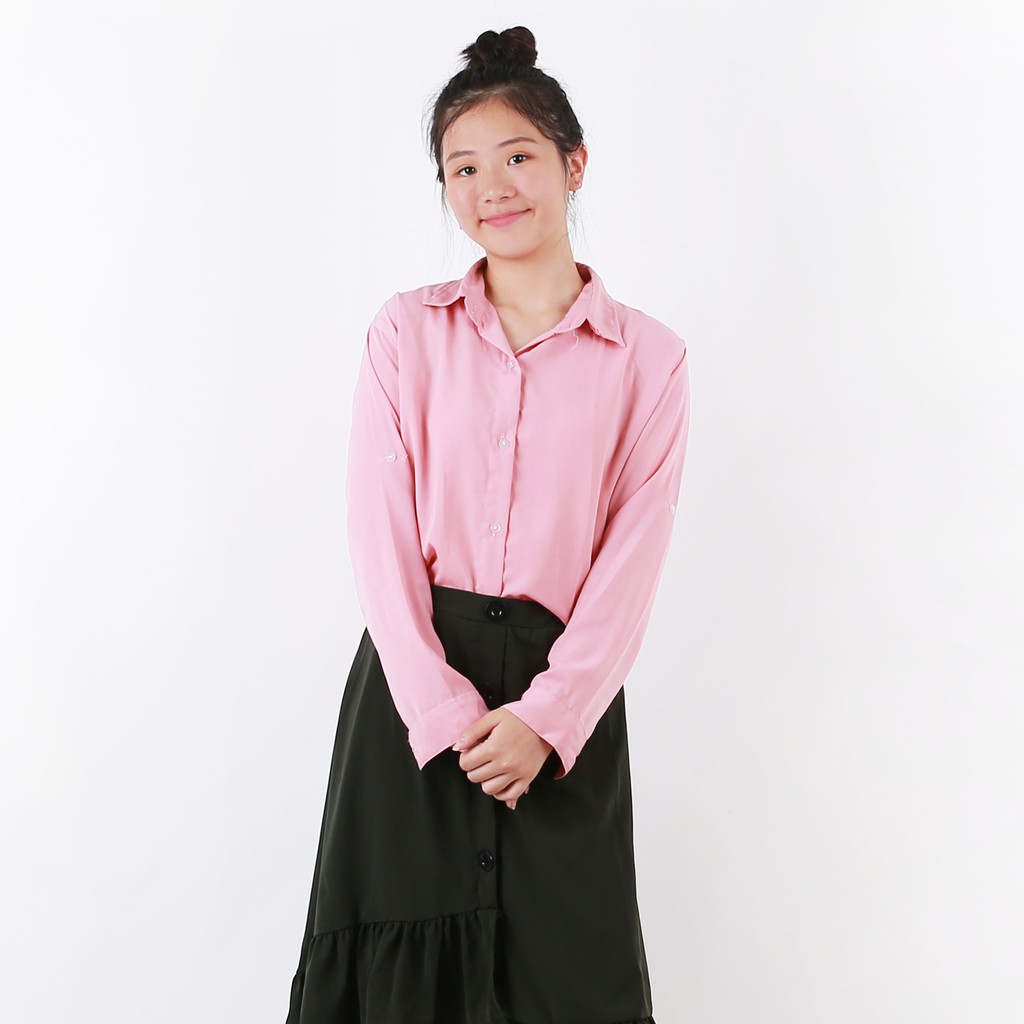 KEMEJA MONALISA POLOS WANITA PANJANG-YELONIX-PINK