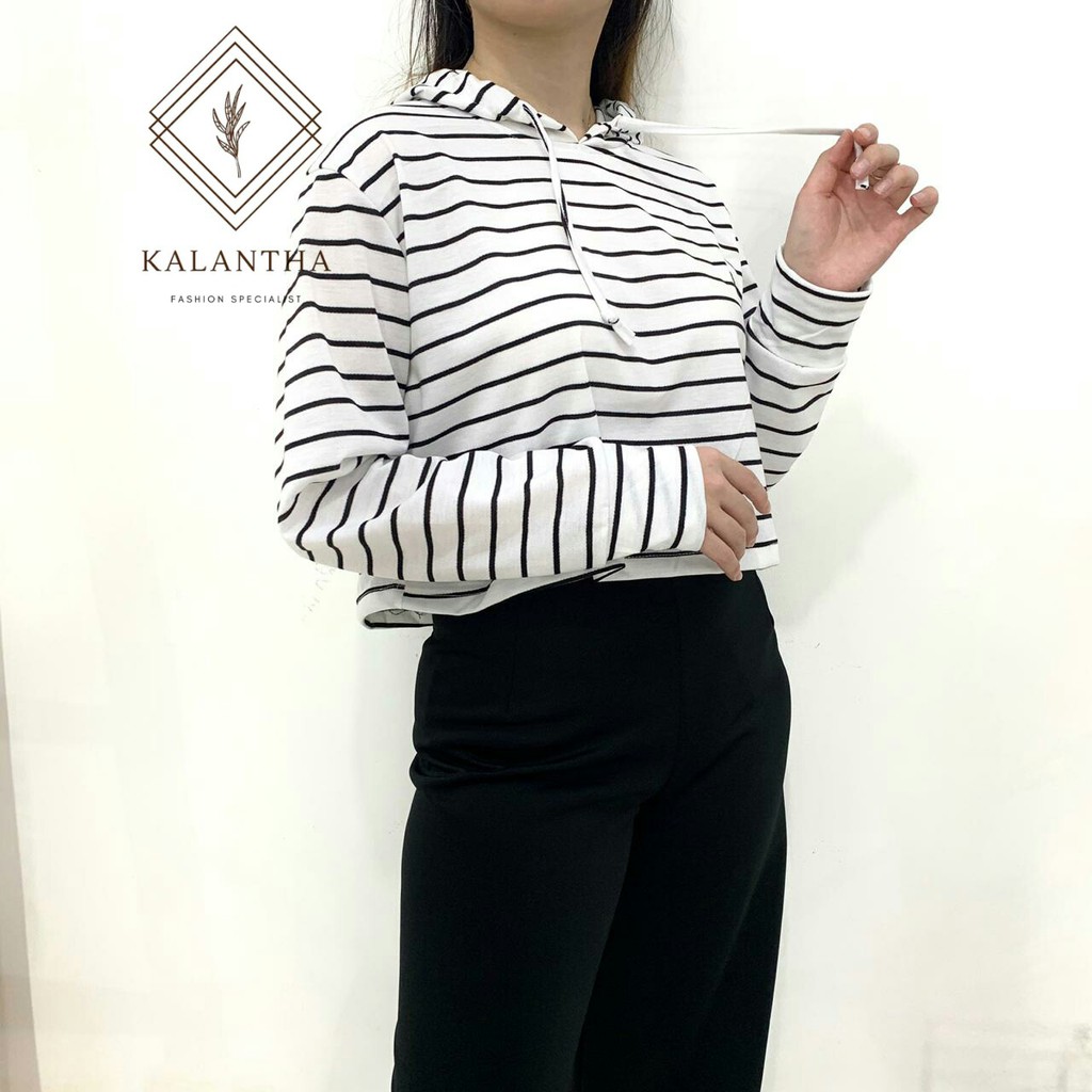 SALE !! KALANTHA FASHION Crop Tee Salur Hoodie Wanita Kekinian All Size-Putih