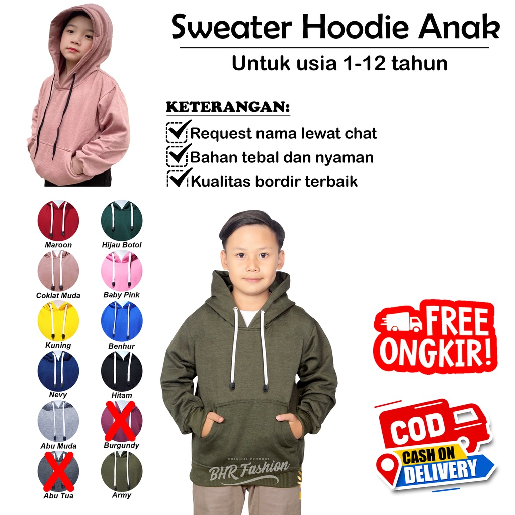 Jaket Sweater Hoodie Anak 1-12 Tahun Free Bordir Nama