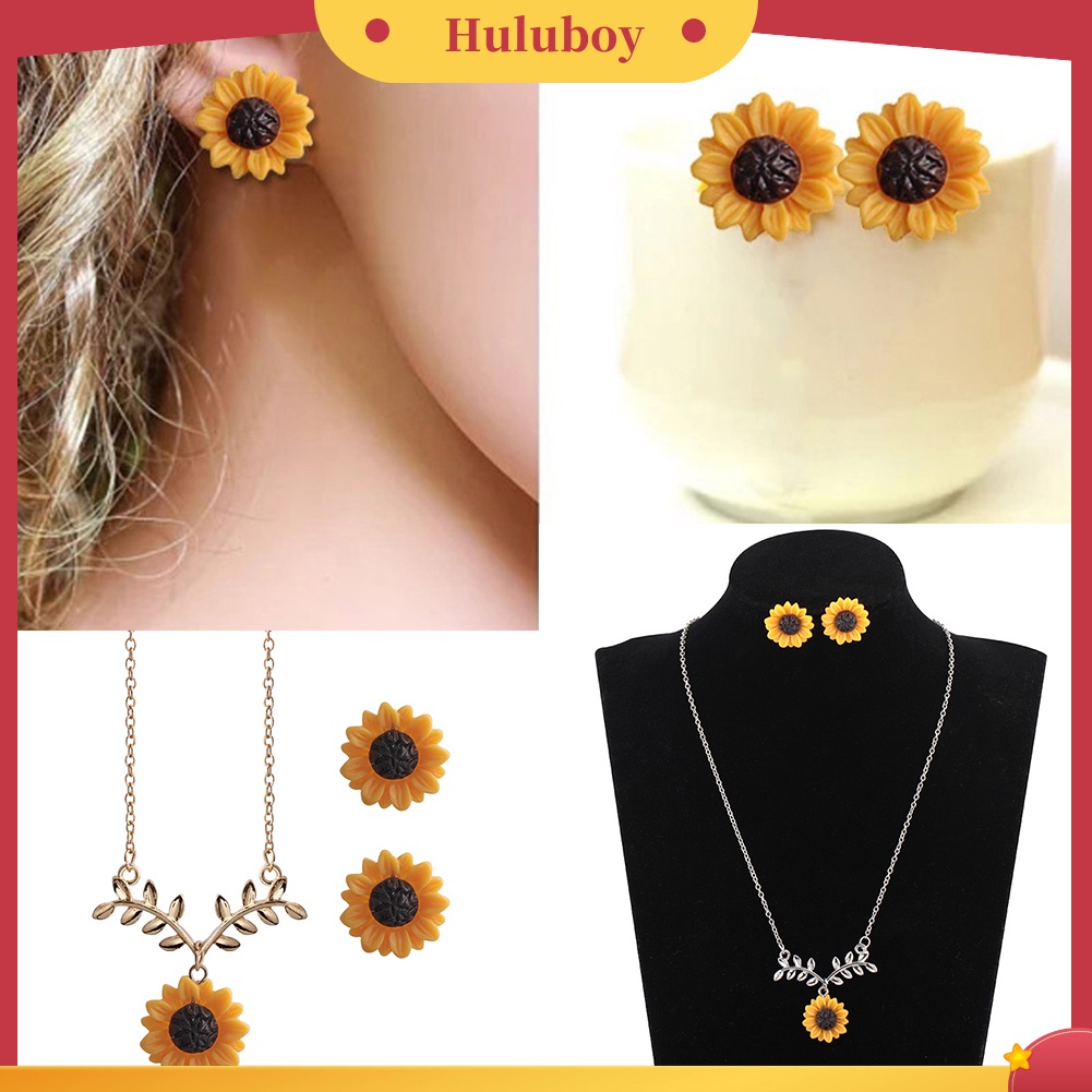 Hu Hu Hu Hu Hu Alat Bantu Pasang Kacamata♡ Set Perhiasan Kalung Anting Stud Liontin Bunga Matahari Daun Untuk Hadiah Wanita