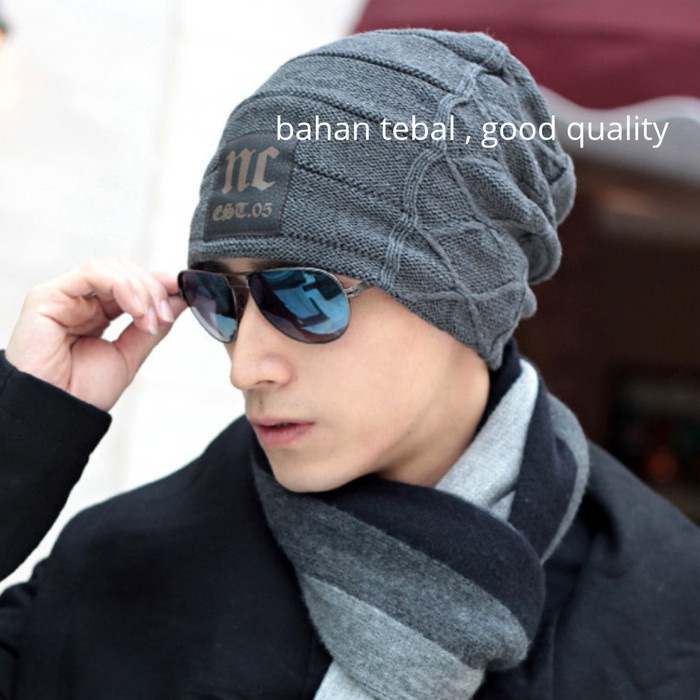 Kupluk Pria Tebal Hangat / Kupluk Winter / Topi Gunung Kupluk Rajut - Hitam