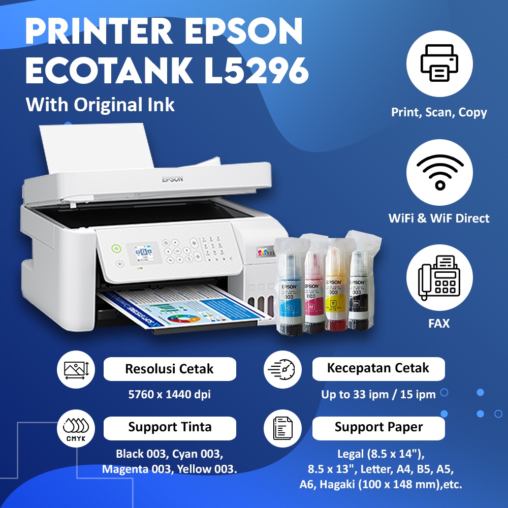 Printer Epson L5290 Black / L5296 White WiFi Ink Tank EcoTank Print Scan Copy Fax ADF Tinta 003 (Scan Up To F4)