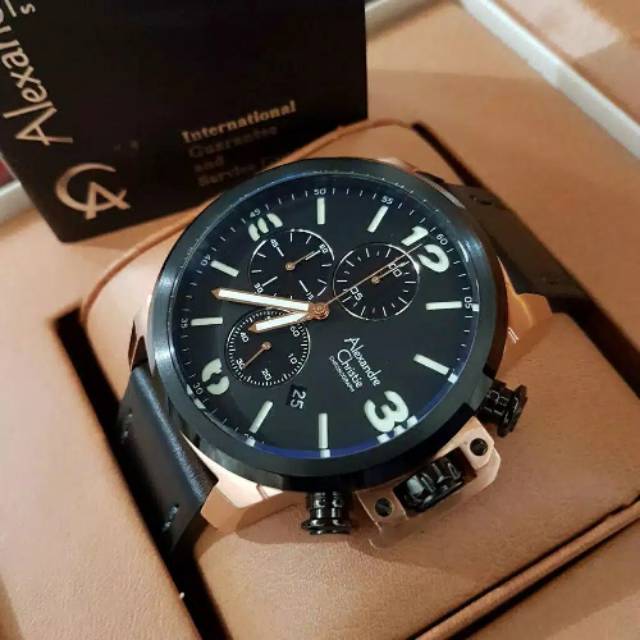 Alexandre Christie AC 6280 Rose Gold Black Leather Black Men Original