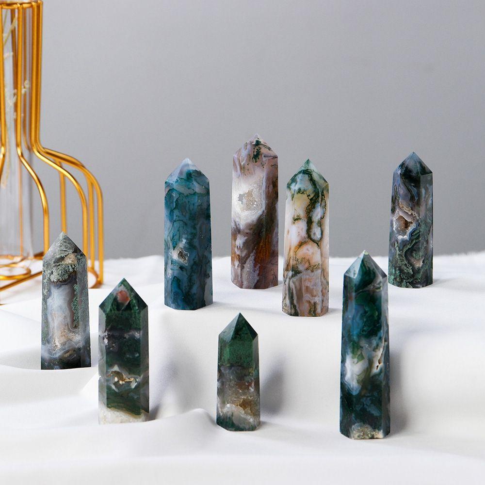 Batu Kristal Agustina Healing Obelisk Natural Green Moss Fluorite Terapi Meditasi Rohani Kerajinan Hiasan Meja Dekorasi Tongkat Penyembuhan