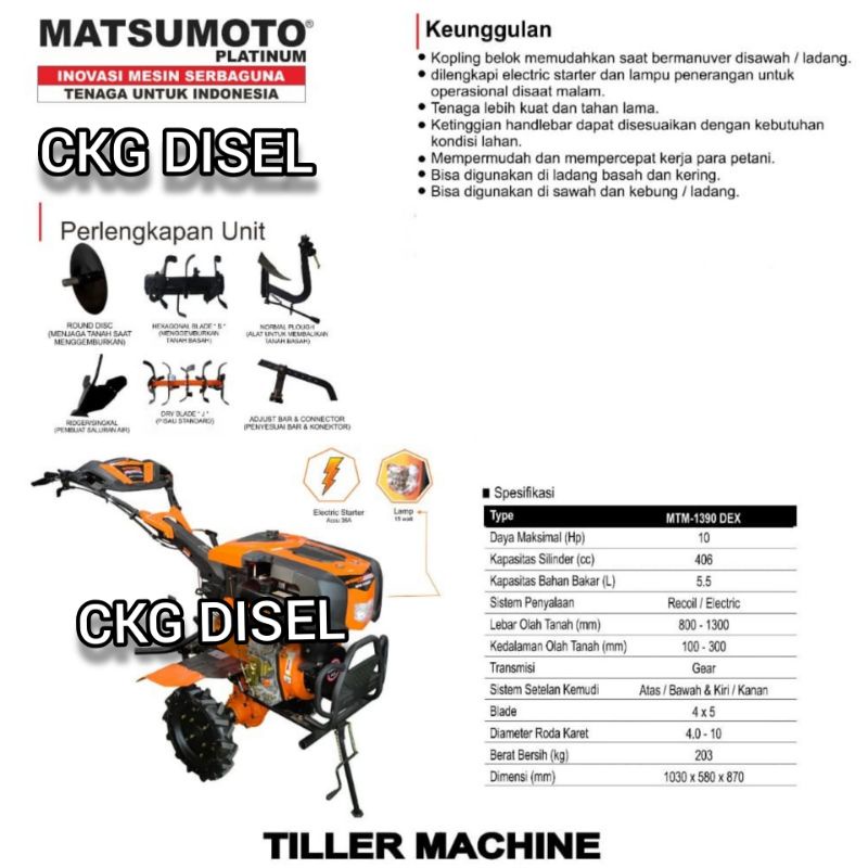 Mesin Traktor Bajak Sawah Cultivator MTM-1390 DEX DE Tiller MATSUMOT