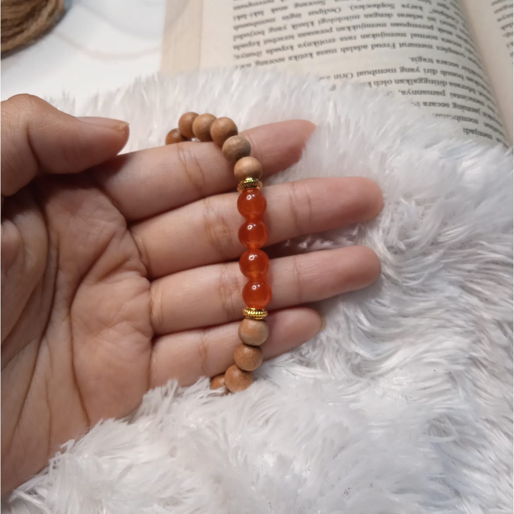 Gelang Batu Original Handmade Kayu Cendana Kombinasi Batu Alam Carnelian