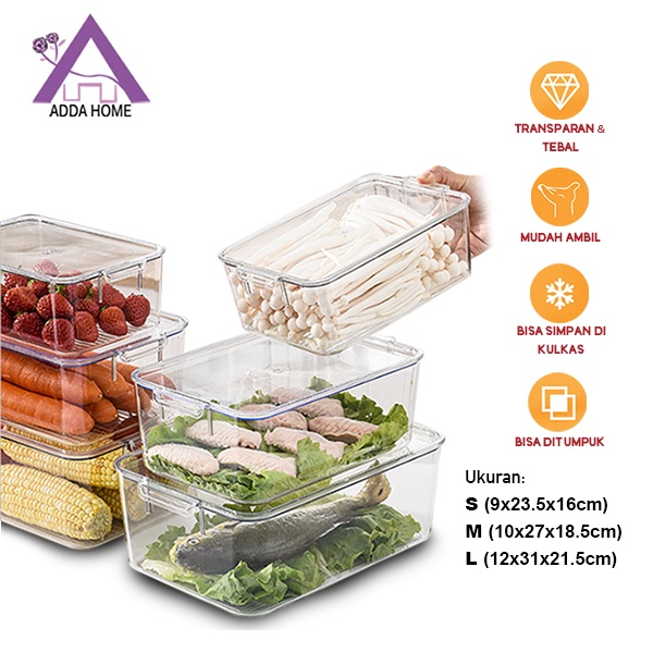 Adda Home - Toples Transparan Kotak Persegi Kulkas Tempat Penyimpanan Makanan Sayur Buah Daging Bahan PET Food Grade