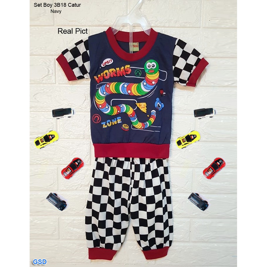 Set Boy 3b15 Catur/Setelan Anak Bayi 1thn Baju Celana Motif Kotak Catur/Baju Import Anak Bayi Murah