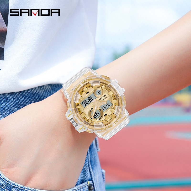 SANDA 3100 Jam Tangan Wanita Pria Digital Analog Dual Time Tali Rubber Anti air WATCHKITE WKOS