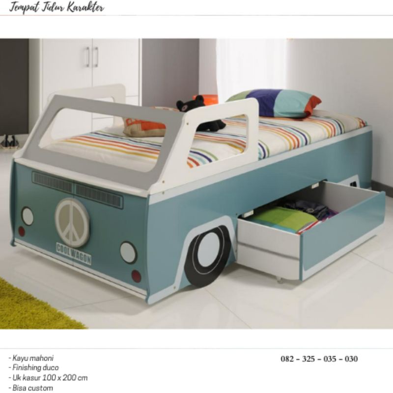 Ranjang Tempat Tidur Anak 2 In 1 Laci Sorong Karakter Mobil Jeep, Kasur Single 100x200cm Murah Anak 