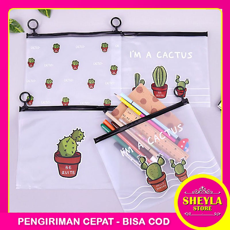 Zipper Bag Cactus / Tempat Pensil Transparan Karakter Zipper Serbaguna Alat Tulis Kosmetik / TV-97