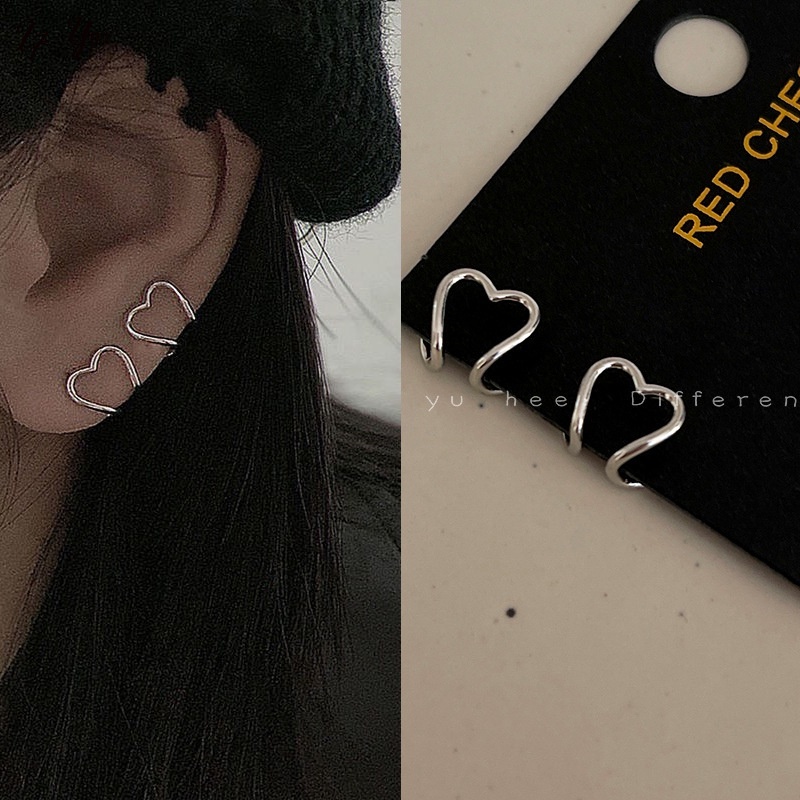 AY(CN) Anting Klip Bentuk Hati Model Hollow Warna Silver Untuk Wanita