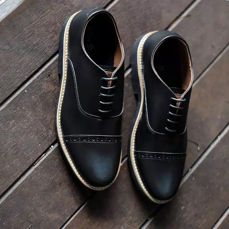 OXFORD BLACK List Putih | FOOTSTEP FOOTWEAR | Sepatu Kulit Oxford Hitam Formal Klasik Pria/Cowok Ori