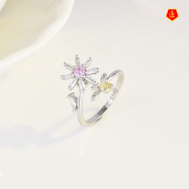 [Ready Stock]S925 Silver Creative Cute Flower Bee Pink Crystal Open Ring