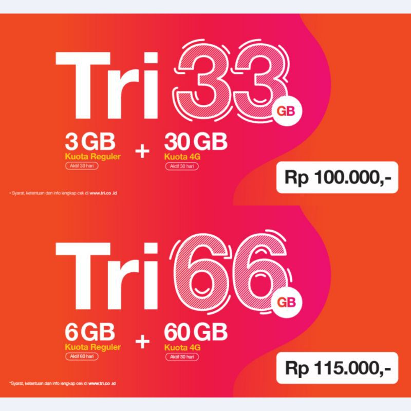 TRI 33GB / 66GB 30Hari NASIONAL MURAH MERIAH Kartu Three 3 Kuota Data Internet