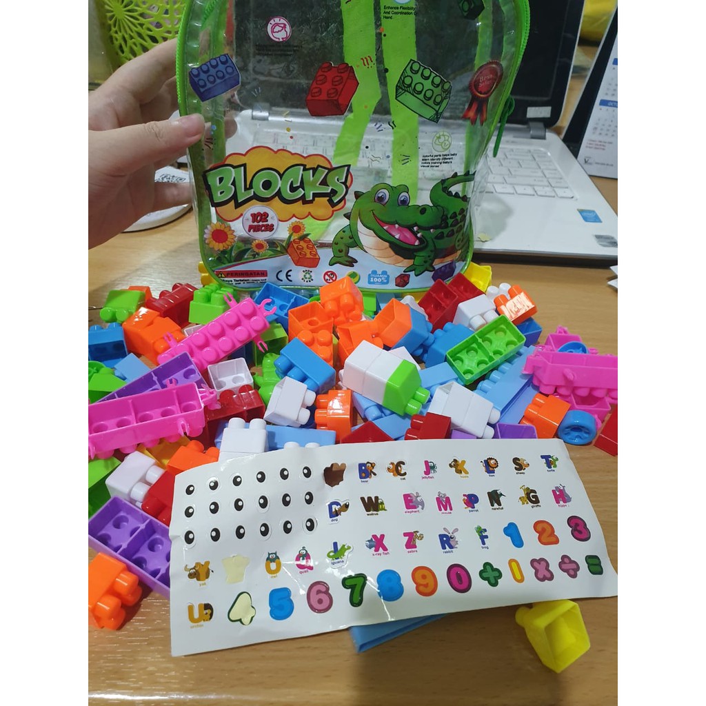 Mainan Anak Balok Susun Block Bongkar Pasang Balok Bricks Tas Isi 102 pcs -  A014