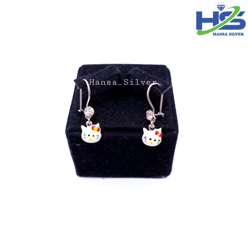 Anting Perak Anak Asli Silver 925 Lapis Emas Putih Model Agogo Hello Kitty Cat Putih