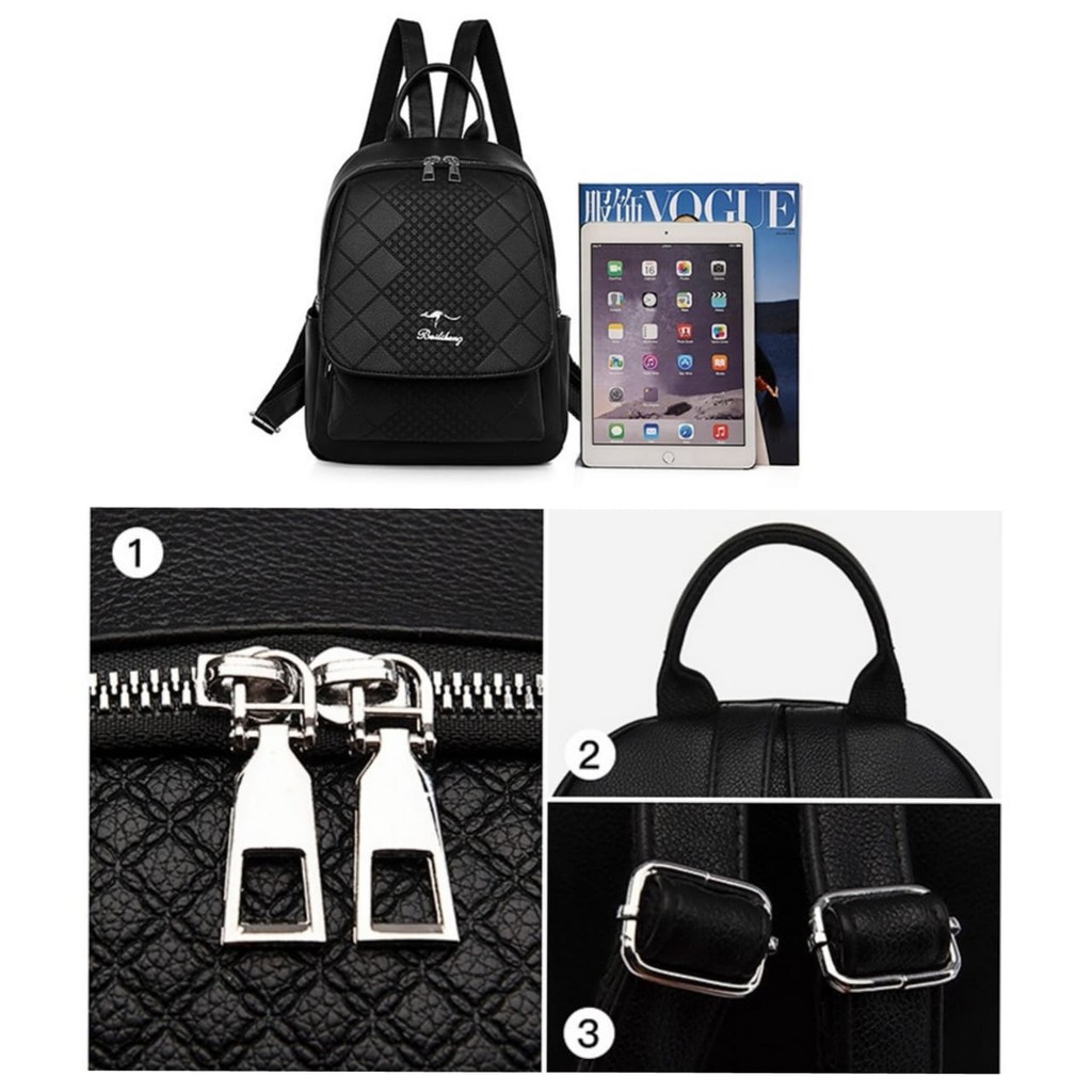 TAS RANSEL WANITA BACKPACK KULIT IMPORT HITAM TA369B5 LAURENA PUNGGUNG SEKOLAH KULIAH GENDONG BATAM