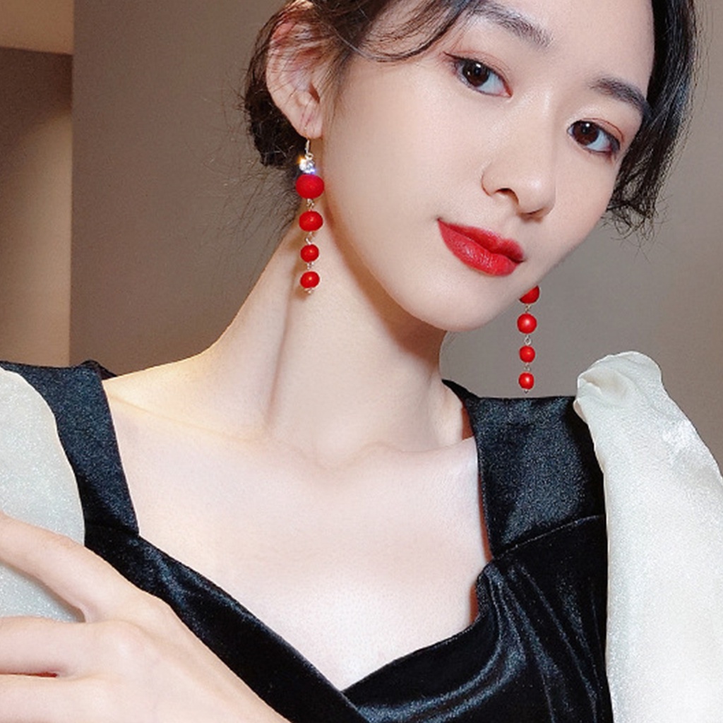 Anting Kait Rumbai Panjang Manik-Manik Mutiara Bulat Gaya Korea Untuk Wanita