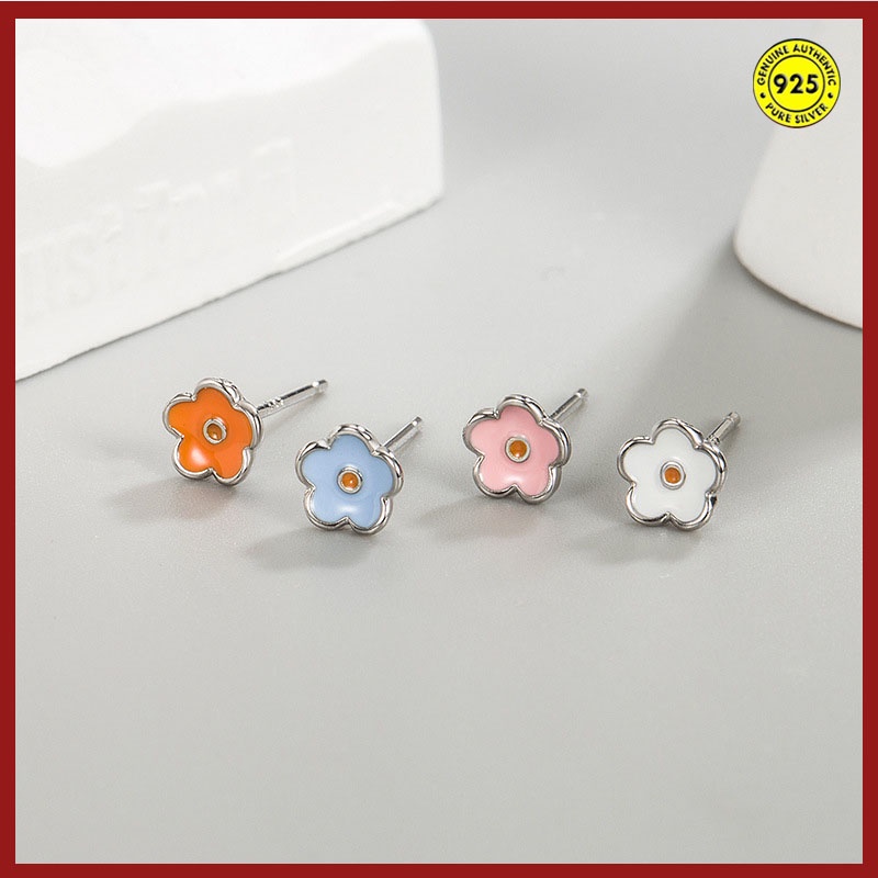 Anting Stud Sterling Silver Bentuk Bunga Kecil Warna Kontras Untuk Wanita