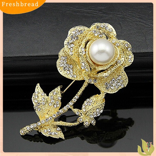 [ TERLARIS]Women's Rose Flower Faux Pearl Rhinestone Brooch Pin Bridal Wedding Jewelry Gift