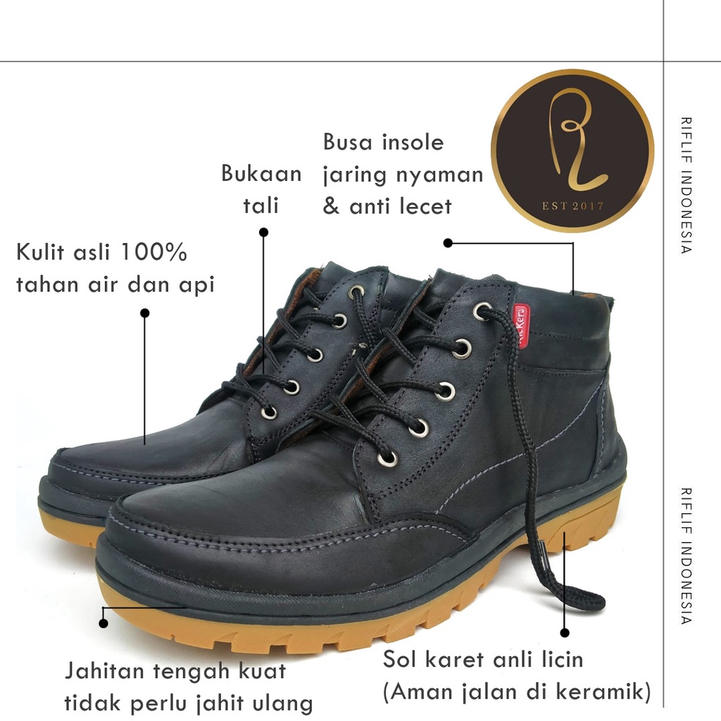 Sepatu Kickers / Sepatu Kerja Pria Laki-laki Terbaru Bahan Kulit Asli 100% / Sepatu But Boots Sol karet harga Murah dan Keren warna Hitam untuk Touring Adventure dan Kerja Lapangan