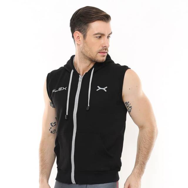 FJS-004HT Jaket sleeveless hoodie sport fitness FLEX hitam