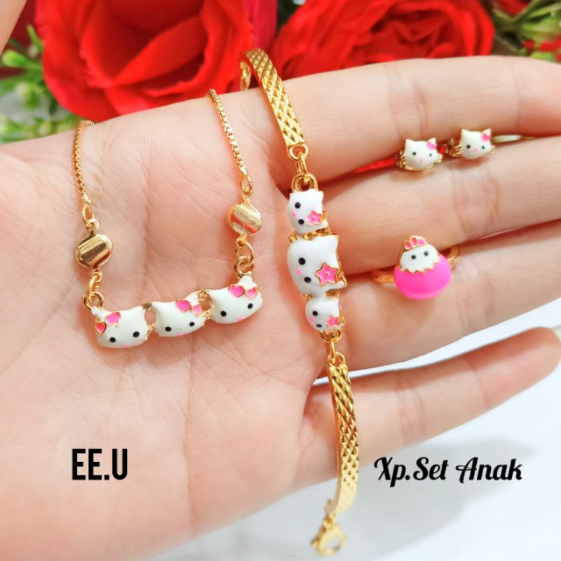 Set Perhiasan Anak-anak hello Kitty kepala 3 Gold tidak karat *COD*