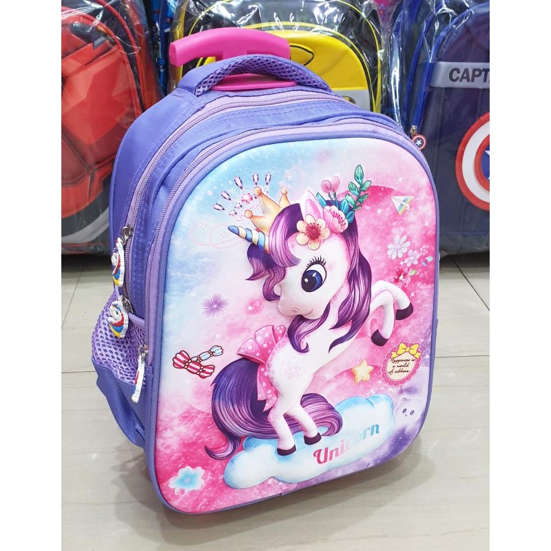 Tas Roda Dorong Trolley Anak PEREMPUAN Sekolah TK KARAKTER KUDA PONY LILAC 3D MAHKOTA TIMBUL