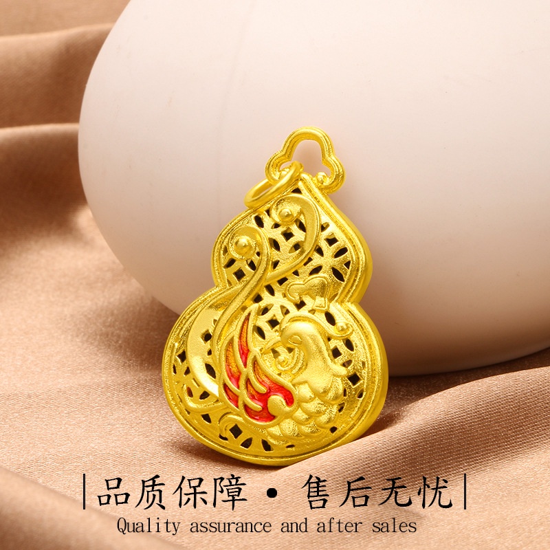 Kalung Liontin Labu Phoenix Hollow 3D Lapis Emas Asli Kadar 375 Gaya Vintage Etnik Untuk Wanita