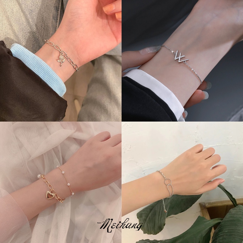 Mhang Gelang Tangan Rantai Gaya Korea Motif Bunga Mawar + Tulisan Love Untuk Wanita / Hadiah Valentine