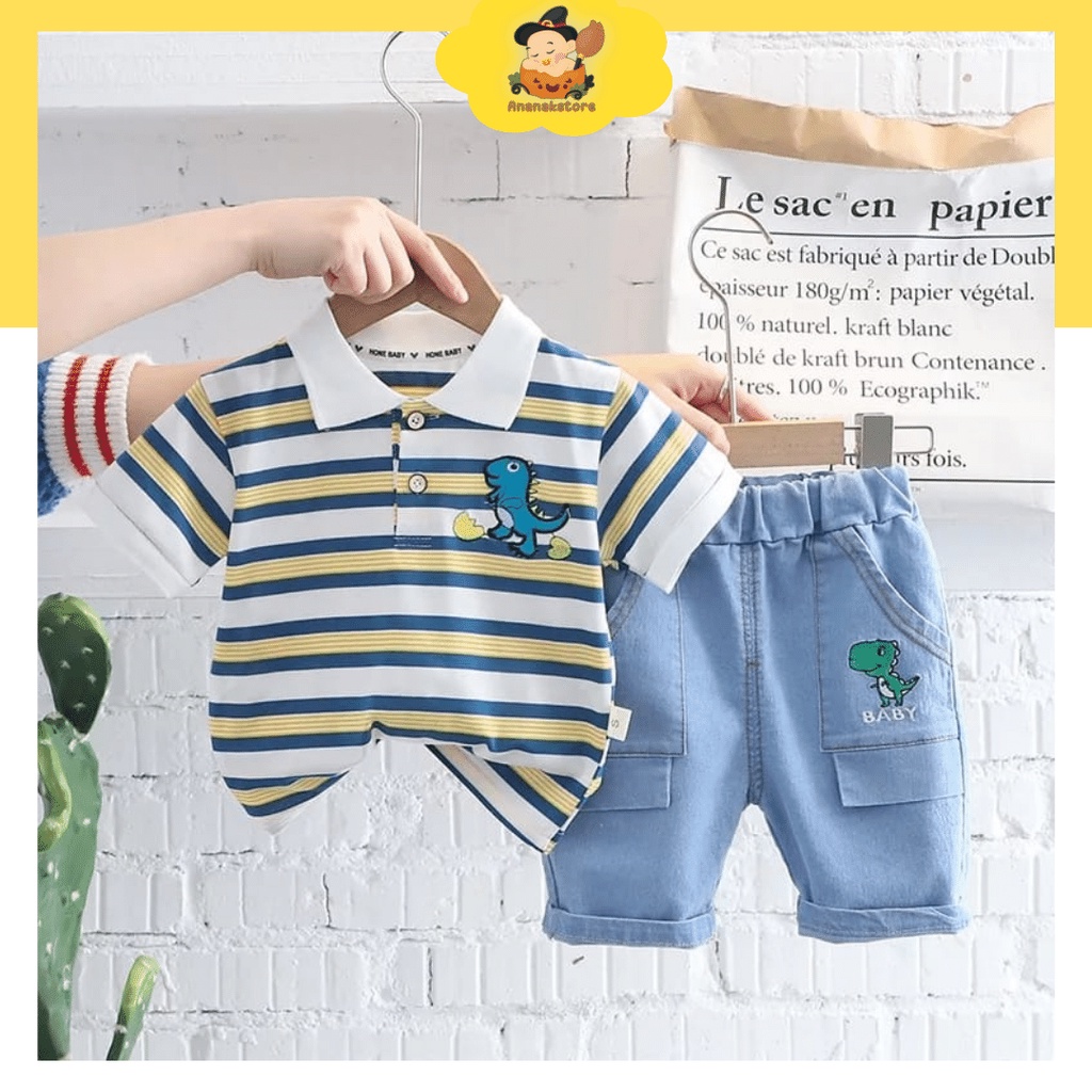 Ananakstore - Setelan Motif MINI DINO SALUR / Setelan premium / Setelan baby BOY