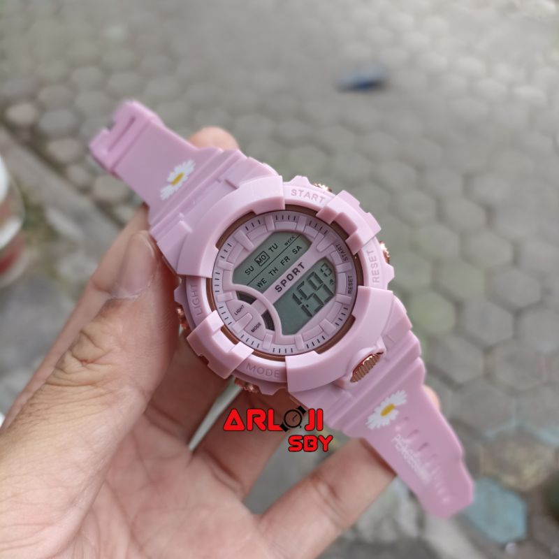 JAM TANGAN WANITA SPORT BUNGA DAISY DIGITAL STRAP RUBBER BUNGA BULAT TERMURAH