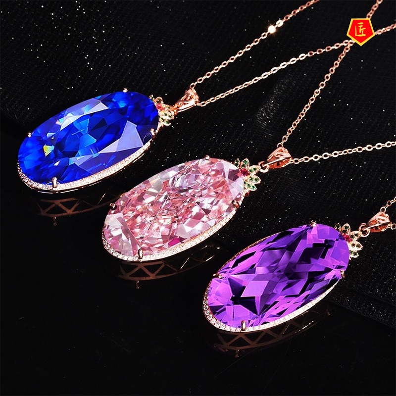 [Ready Stock]Luxury Inlaid Sapphire Pendant Pink Diamond Necklace for Women