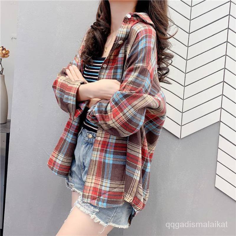 Blouse Kemeja kotak-kotak  Kemeja Berskha Kotak Korean Knit Lengan Panjang Kemeja kemeja hitam kemeja kunin