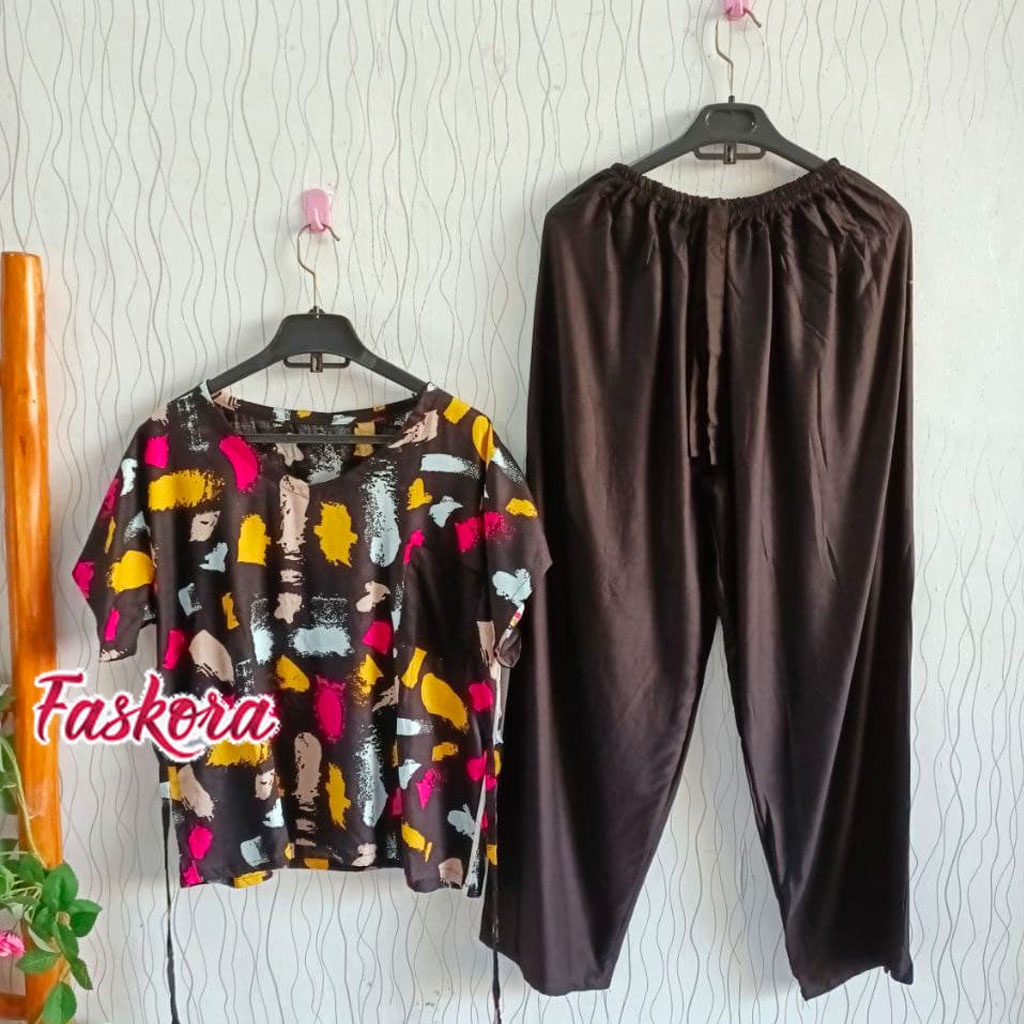 Piyama Rayon Jumbo Lengan Pendek One Set Wanita Kekinian Remaja Pajamas Polos Kombinasi Auristela-1