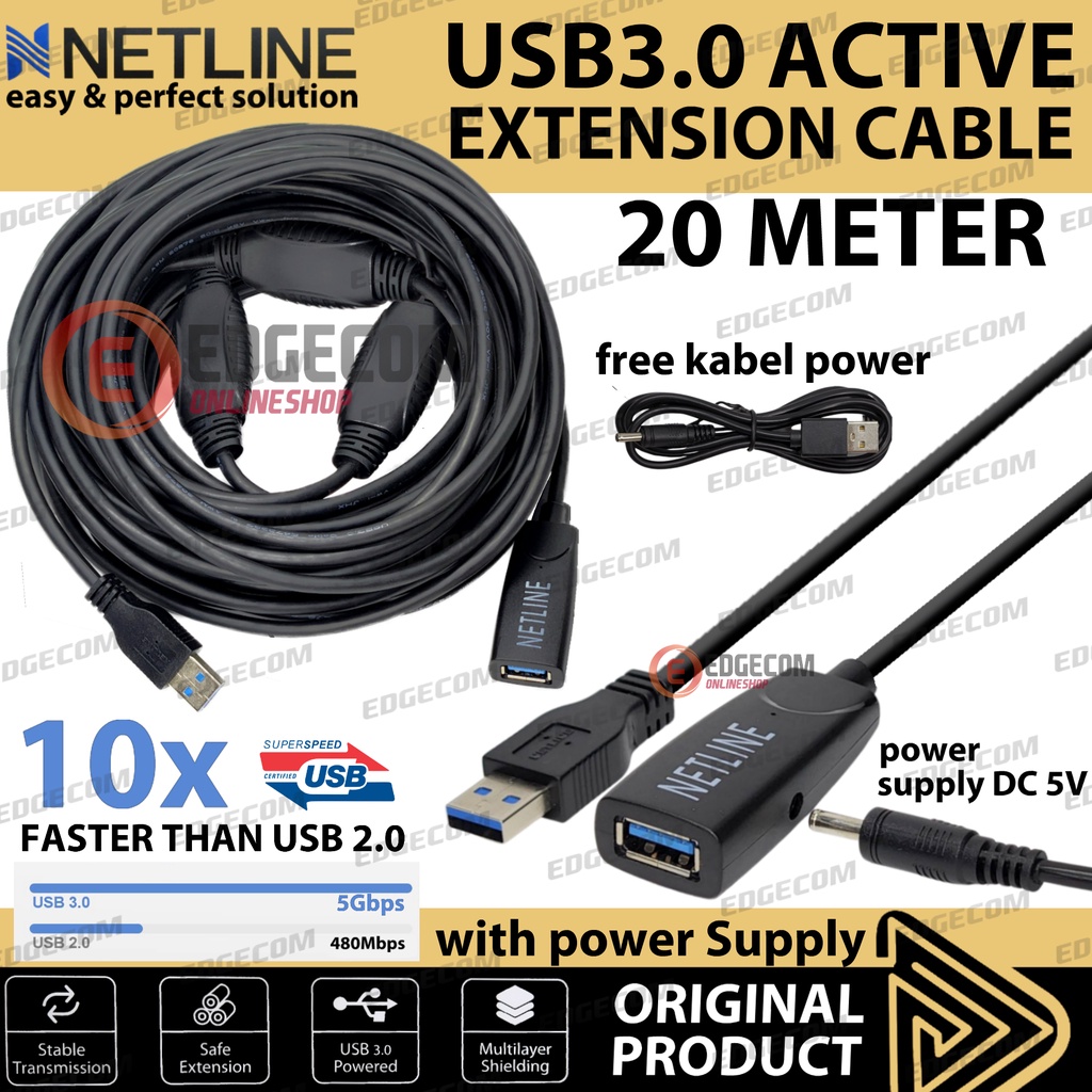 NETLINE Kabel USB 3.0 Extension Aktif / Extender Active 20 Meter With USB Power