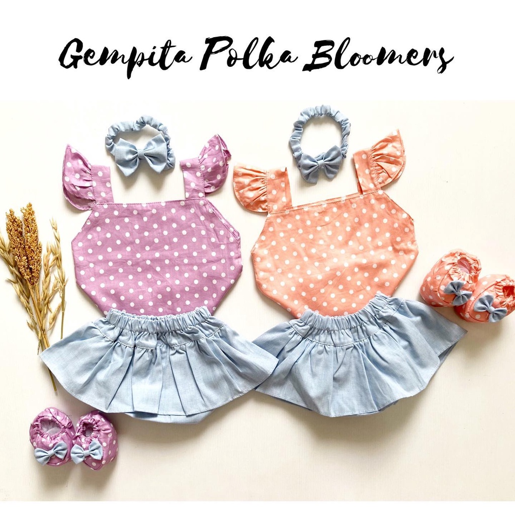 HK Bantal Jumper / Gempita ASTER POLKA BLOOMERS Baju Setelan Jumper Rok Bandana Sepatu Pergi Lucu Fashion Anak Bayi Perempuan Lucu