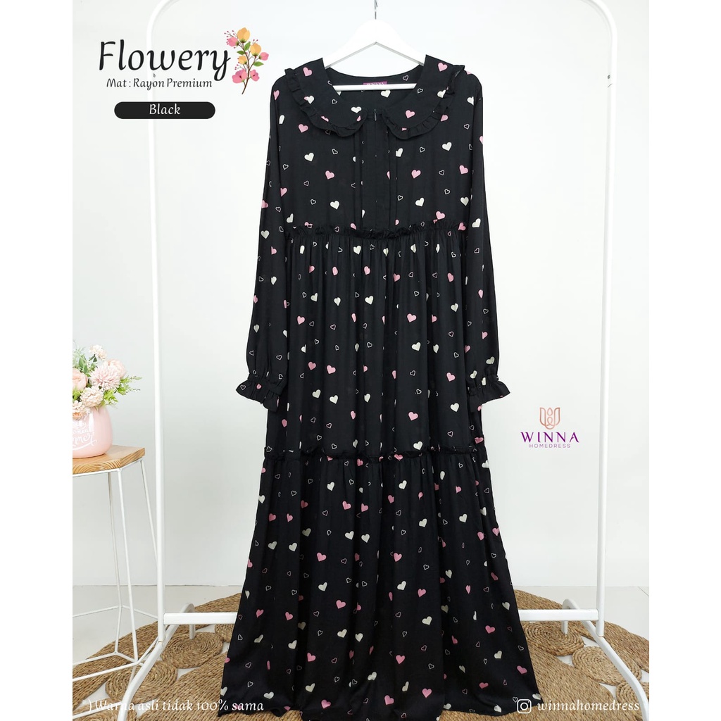 FLOWERYHOME DRESS by WINA klambieakhwat | daily dress | baju rumahan | gamis daily | gamis motif | daster motif | home dress motif | gamis busui | gamis bunga | home dress rayon | daster rayon | gamis syari | dress menyusui